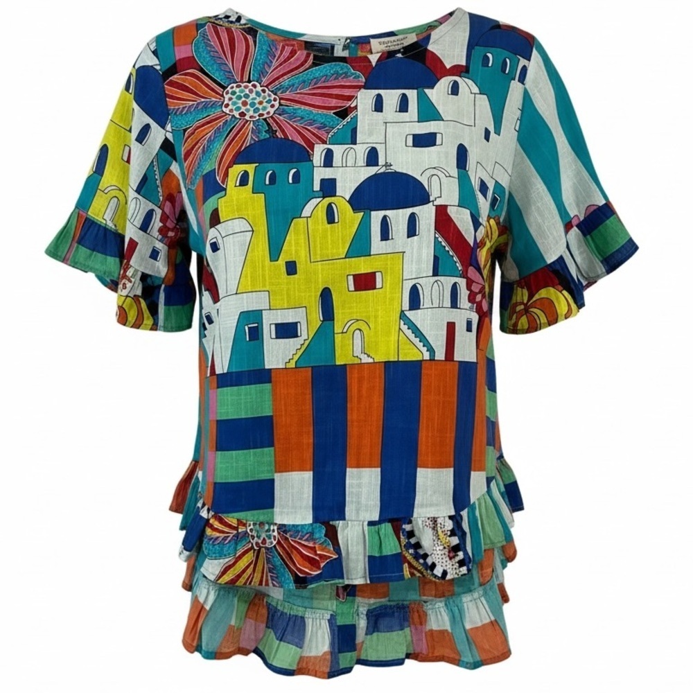 Orientique Santorini Greece Print Organic Cotton Boho Peplum Blouse Size Small